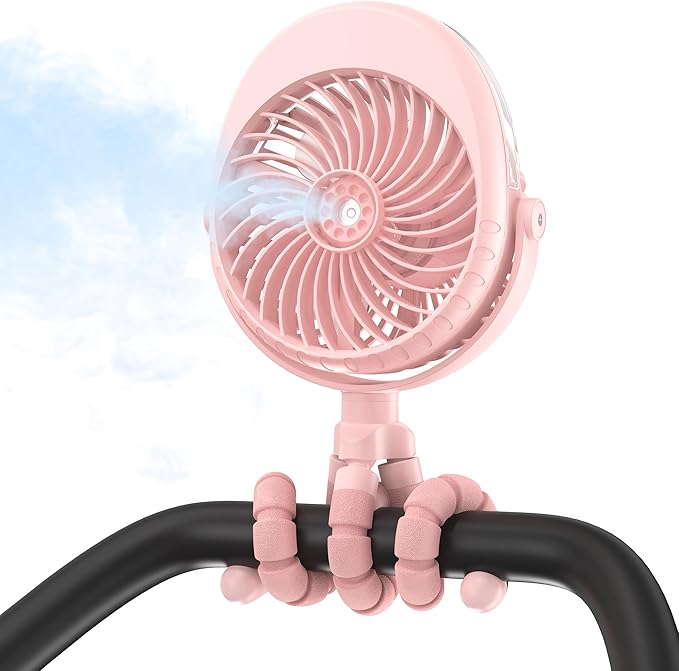 2025 Upgarded 4000mAh Misting Baby Stroller Fan, Rechargeable Battery Operated,Max 15Hrs Cooling,50ml Portable Water Sprayer Misting Fan with Flexible Tripod Clip on Car Seat Crib Treadmill Bunk Bed