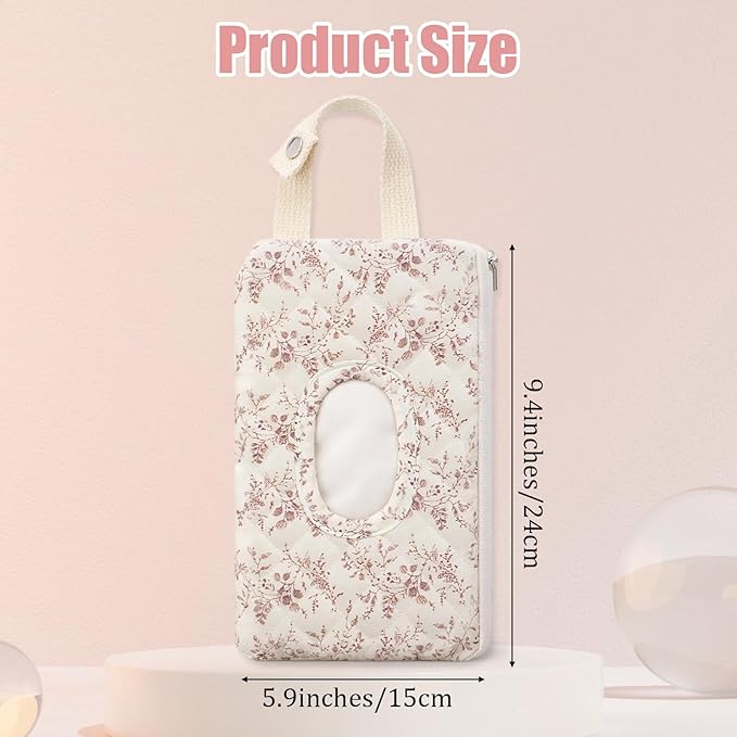 Quilted Diaper Wipe Pouch Hanging Floral Wet Wipes Bag Reusable Fabric Cover with Zipper & Lanyard for Car Daily Casual Travel Mommy Bag