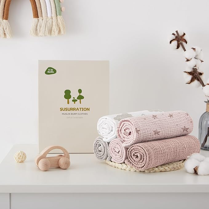 Susurration Muslin Burp Cloths Baby Washcloths 100% Cotton Burp Cloths Baby Girl 5 Pack, Absorbent and Soft Cloth Diapers 23.6 * 23.6 inch, Baby Girl Newborn Essentials-Pink Star