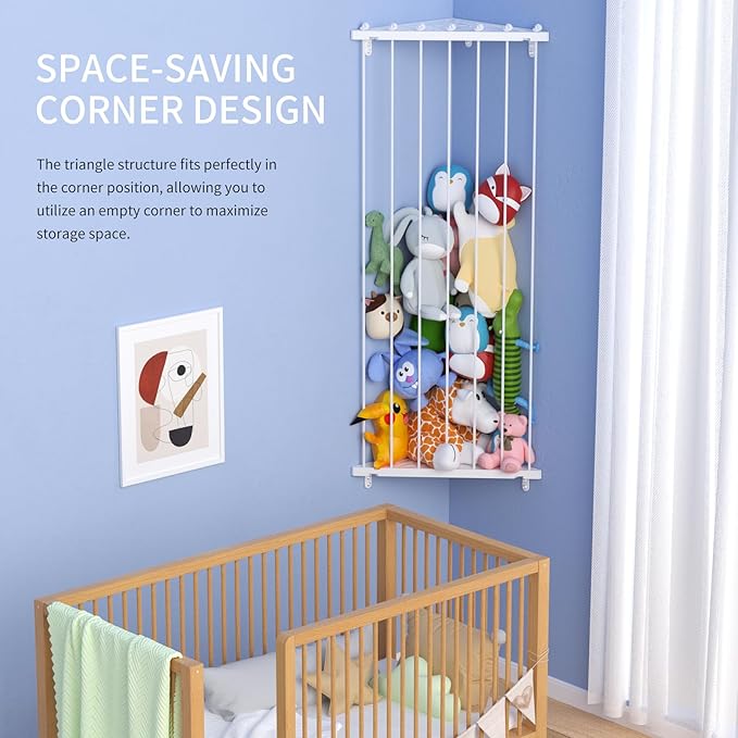 Stuffed Animal Storage Toy Organizer(Patented) - Corner Stuffed Animal Holder Length Adjustable - Stuffed Animal Wall Storage for Nursery Playroom Bedroom Kids Room Decor(White)