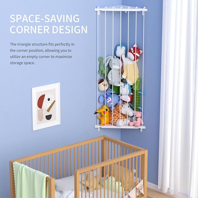 Stuffed Animal Storage Shelf Organizer(Patented) - Corner Stuffed Animal Holder Length Adjustable - Wall Plush Storage for Nursery Playroom Bedroom Kids Room (White, Extra Large)
