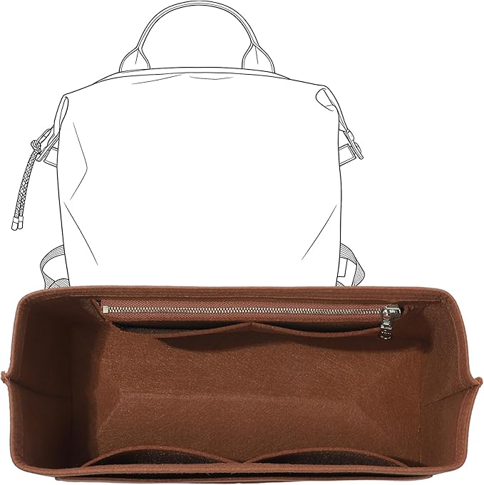 Premium Felt Purse Organizer Insert Compatible with Long Champ Le Pliage L Backpack, Lightwieight Bag Divider Shaper with 8 Pockets & YKK Zipper, Brown/LB