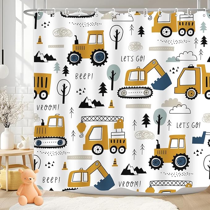 Construction Truck Shower Curtain Cartoon Excavator Vehicle Tractor Cars for Boys Kids Machinery Navy Blue Yellow Bathroom Decor Waterproof Fabric 72Lx72W Inch with Hooks