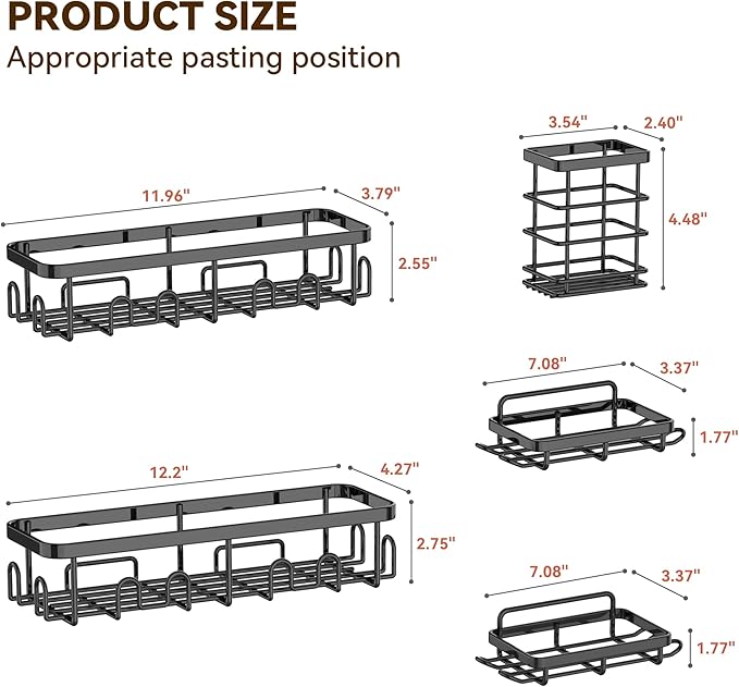 YASONIC Adhesive Shower Caddy, 5 Pack Shower Shelves for Inside Shower, Rustproof Shower Organizer with Soap and Toothbrush Holder, No Drilling Shower Storage for Bathroom/Kitchen