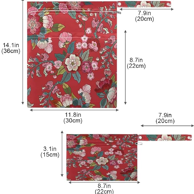 visesunny 2Pcs Wet Bag with Zippered Pockets Retro Style Flower Washable Reusable Roomy for Travel,Beach,Pool,Daycare,Stroller,Diapers,Dirty Gym Clothes, Wet Swimsuits, Toiletries