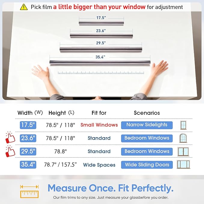 SUNBABY One Way Privacy Film Heat & UV Blocking, Static Cling No Glue Renter Friendly Cover for Home Bedroom, Office & Sliding Glass Door, 35.4 x 78.7 Inch with 3 Tools, Silver