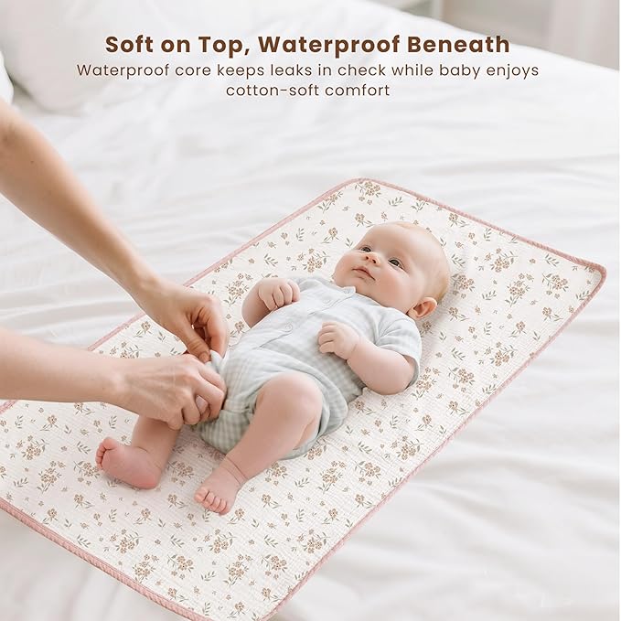 Konssy 2 Pack Waterproof Muslin Cotton Portable Changing Pad 30"x 17", Soft & Foldable Baby Changing Mat Travel Pad with Terry Backing, Shower Gift for Newborn Girls Boys (Pink,Blossom)