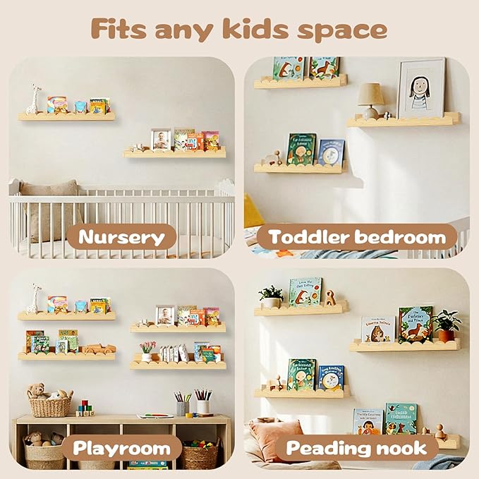 Nursery Floating Shelves for Kids Room, 4 Pack 15.7 Inch Natural Wood Wall Shelves with Scalloped Edge, Kids Bookshelves for Toddler Bedroom, Playroom, Baby Nursery Decor