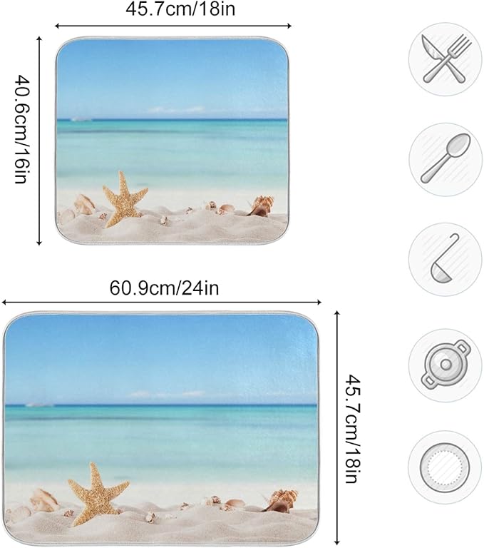 Summer Starfish Dish Drying Mats Seashells Beach Theme for Kitchen Counter Sink 16x18 in, Coastal Dish Draining Mat Baby Bottle Rack Drainer Mat Dry Pad