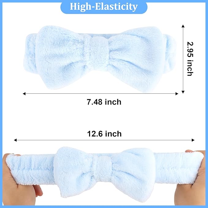Ondder Spa Headbands for Women, Bow Makeup Skincare Headbands for Washing Face, Pink and Blue, Soft Coral Fleece, 8 Pack