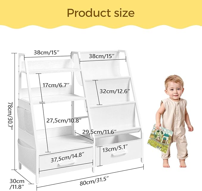 MAHANCRIS Kids Bookshelf and Toy Storage,3-Tier Sling Bookcase for Kids,Sturdy Toddler Bookshelf for Nursery,Playroom, Bedroom,White KBWT8401