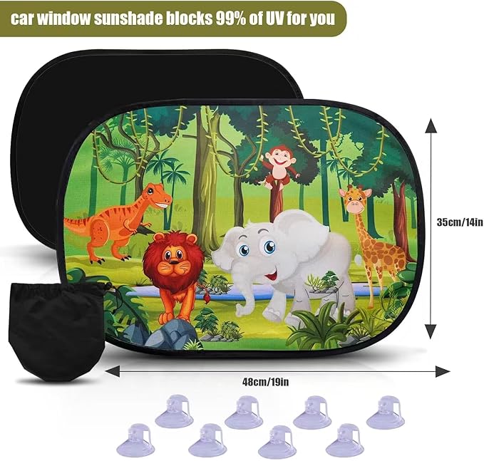 ABSOFINE Car Window Sun Shades for Baby Kids 2 Pack 19"x14", Animals Cartoon Window Shades Sun Blocker Cover, Baby Car Shades for Back Windows with 8 Suction Cups and Storage Bag, Anti Glare & UV