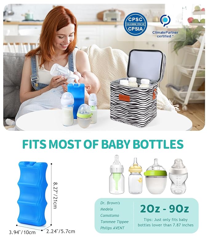 PIIOSER Breastmilk Cooler Bag with Ice Pack, Fits 6 Baby Bottles Up to 9 Oz, Stylish Baby Cooler Travel Bags with Shoulder Strap, Double Deck & Leakproof for Nursing & Working Moms(Zebra Printed)