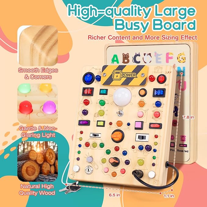 RichBoy Montessori Toy Busy Board with 40 LED Lights, 59-in-1 Sensory Toys for Toddlers, Travel Educational Activity for Airplane, Ideal Christmas Birthday Gift for Boys & Girls (7.8" x 6.5")
