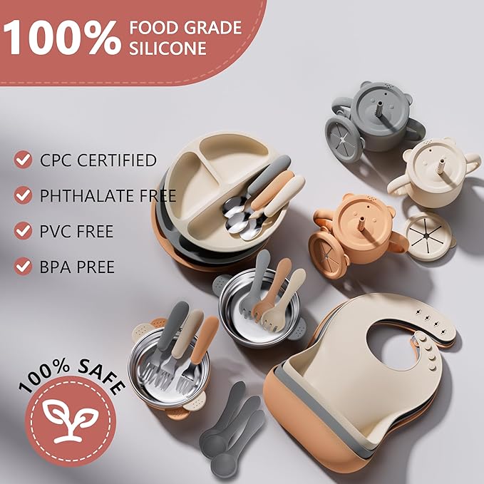 27 Pack Silicone Baby Feeding Set, Food Grade Silicone Baby LED Weaning Supplies, Include Suction Plates, Baby Bowls, Bibs, Fork & Spoon, Training cup with straw, 6 Months+(Brown, Beige, Grey)
