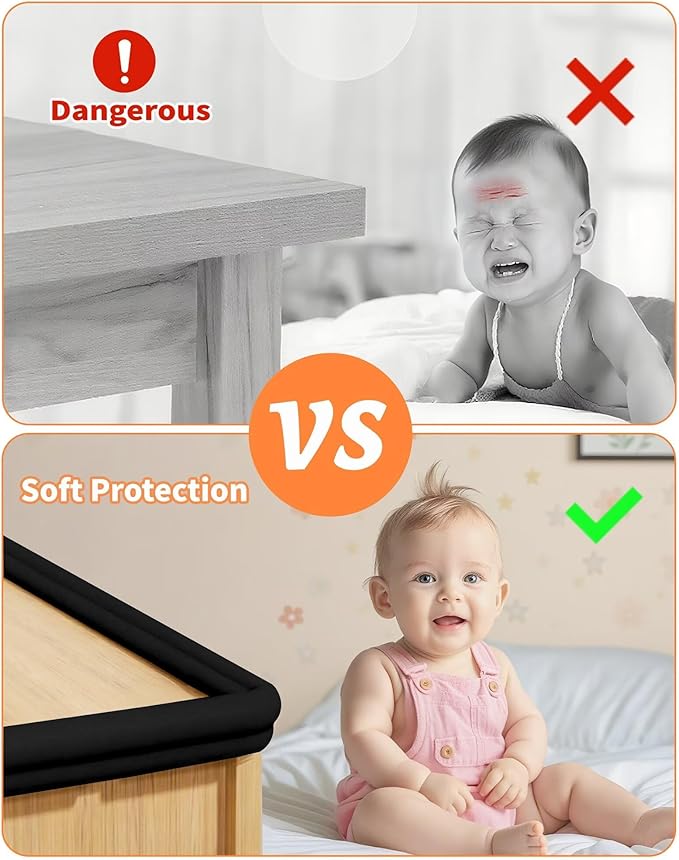 QYV Edge Protector for Baby Proofing, 6.6FT 0.67’’Th L-Shape Air Buffering Soft NBR Rubber Foam Furniture Edge Bumper Guards with 6 Corners, Pre-Taped, Thick Table Bumper Guard for Babies (Black)