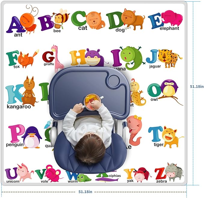 High Chair Splash pad, 51" 51 Non-Slip Waterproof Multi-Purpose Splash pad, Washable Splash pad for high Chair Floor Protection Table Cloth Portable Early Education Picnic Play mat (Alphabet)