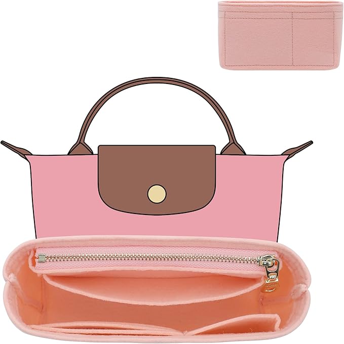 Felt Purse Organizer Insert Compatible with Longchamp Le Pliage Mini Original/Green Pouch and More, Extra Small Bag Insert with Zipper for Women Handbag(Mini, Pink)