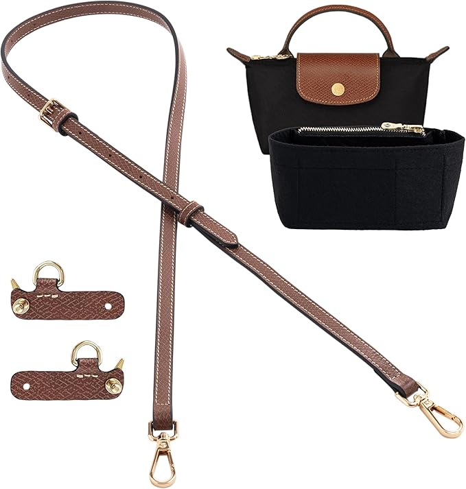 Mini Bag Organizer with Genuine Leather Crossbody Strap Conversion Kit, Compatible with Longchamp Mini Bag – Inner Liner Insert + Strap Kit Set, Black
