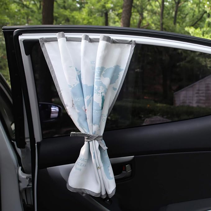 BEBEDECO Magnetic Car Sun Shade Curtain for Side Window – Sun Blocker and UV Protector for Baby, Kids, and Pets – Universal Fit with Built-in Magnets for Steel-Framed Door (Be-Travel Map)