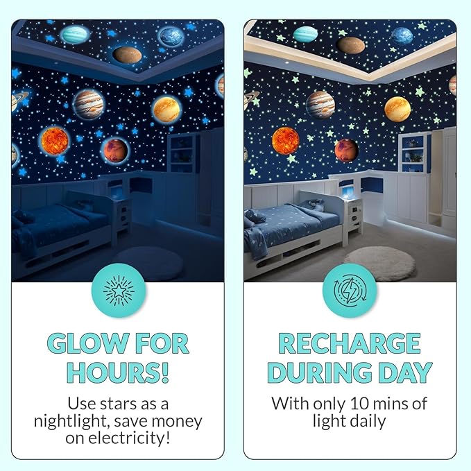 LUMOSX Glow in the Dark Stars and Planets - 534 pcs with Constellation E-Book | Solar System Wall Decal, Planet Wall Decals, Space Wall Stickers, and Space Wall Decals for Kids Room Decor (Blue)