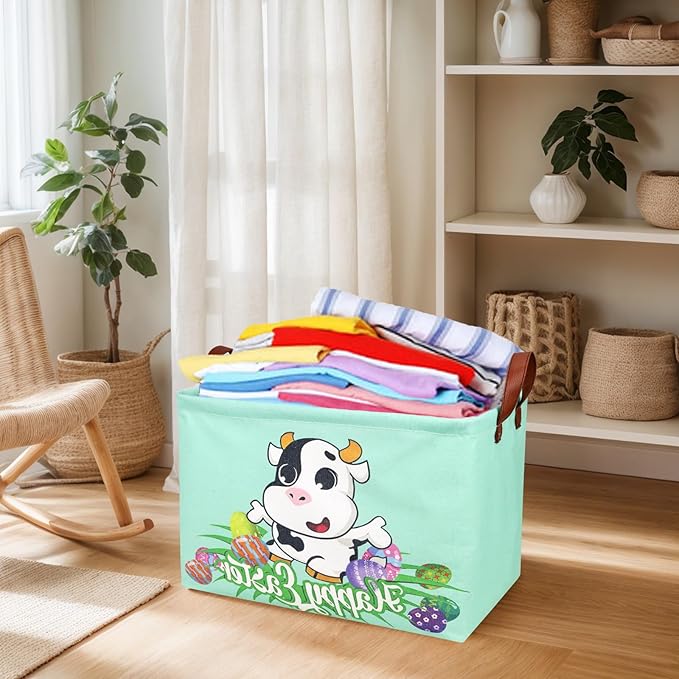 ASKETAM Cow Easter Basket for Kid Large Empty Baby Rectangular Cute Easter Gift Storage Basket Bunny Eggs Décor (Cow)