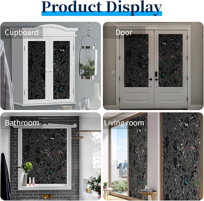 Bloss Window Film, Window Privacy Film Frosted, Vinyl Glass Covering, Stained Glass Decorative Film, Static Window Clings, Non-Adhesive (Black/Tulip, 17.7" x 78.7")