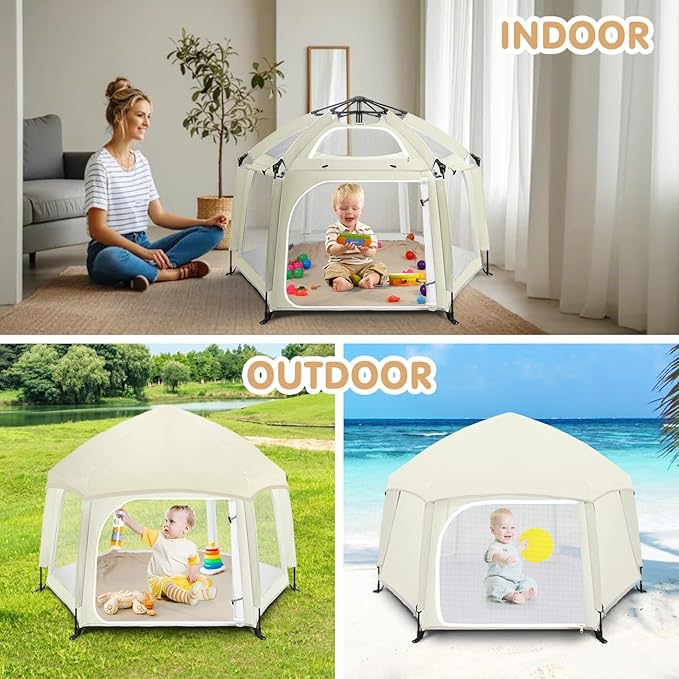 Zooawa Pop Up Playpen for Baby, Portable Playpen for Babies and Toddlers with Removable Sun-Shades& 2 Side UV Covers, Lightweight Outdoor Baby Play-Pen for Beach Home with Travel Bag, Beige