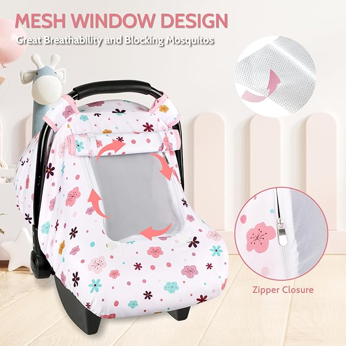 Pea Pod Car Seat Cover Baby, Infant Car Seat Canopy Covers with 2 Layers Windows of Breathable Mesh Fabric, Lightweight Polyester, Soft Minky Dot Backing (Floral Pattern)