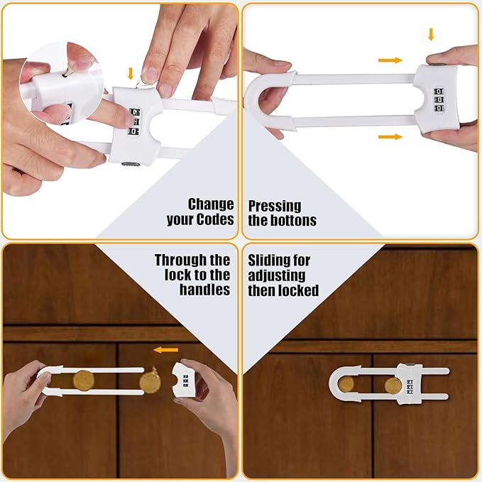4 Packs Sliding Cabinet Locks, Baby Proofing U-shaped Child Safety Latches Adjustable White Locks For Handles Knobs Drawers - White