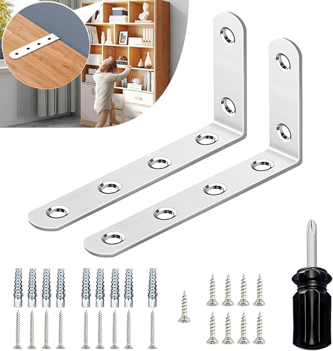 Anti-Tip Furniture Brackets for Baby Proofing – Heavy-Duty Wall Anchors to Secure Dresser, Bookshelf, Cabinet & Shelf (2 Items)