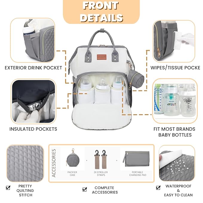 ROSEGIN Baby Diaper Bag Backpack with Changing Pad, Pacifier Case, for Boy Girl Toddler - Large, Stylish, Waterproof Travel Quilted Diaper Bag for Mom - Gray/White