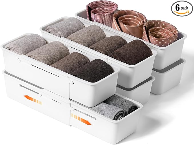 DIMJ Drawer Organizers, Expandable Desk Drawer Organizer Plastic Storage Bins, Dresser Organizer for Nursery，Bathroom, Kitchen, Makeup, Office, White, 4 Pack，2L,2M