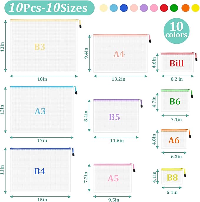 VVCOIIROEI 10pcs Mesh Zipper Pouch Bags, 10 Sizes Zipper Bags for Organizing, Mesh Bags with Zipper, 10 Colors Plastic Zipper Pouches, Puzzle Bags, Board Game Storage Bags, Travel Pouch
