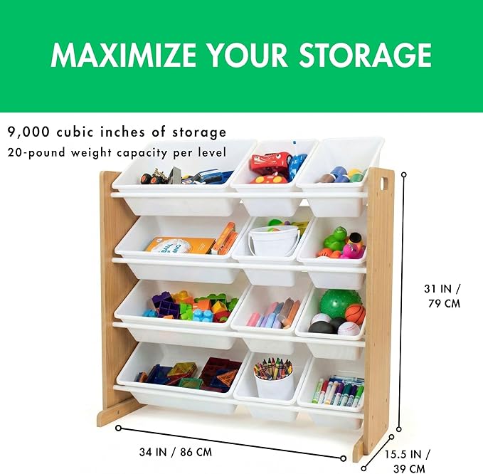 Humble Crew Toy Storage Organizer with 12 Removable Storage Bins for Kids Playroom, 4-Tier Toddler Toy Organization, Natural/White