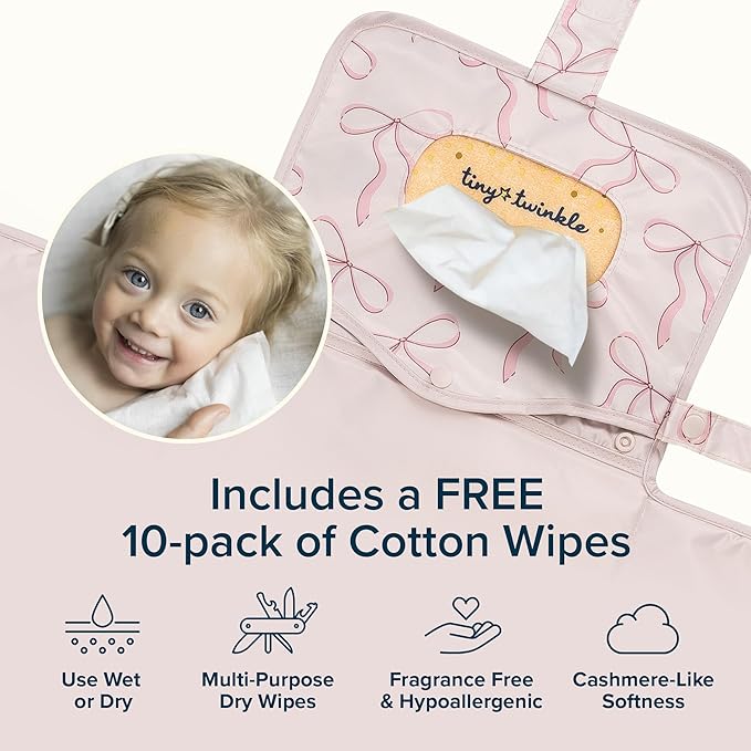 Tiny Twinkle Portable Diaper Changing Pad | Waterproof, Wipeable & Compact Baby Changing Pad for Travel | Smart Wipes Pocket & Organized Storage| Newborn Shower Gift (Bows)