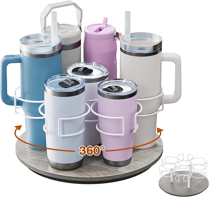 Rotating Coffee Syrup Organizer, 7 Bottles Coffee Syrup Rack for Countertop, Rotating Water Bottle Organizer for Stanley Simple Modern Owala Yeti, White
