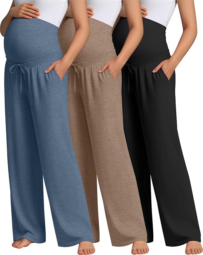 3 Pcs Maternity Sweatpants Over The Belly Pregnancy Straight Wide Leg Elastic Drawstring Pants Joggers with Pockets