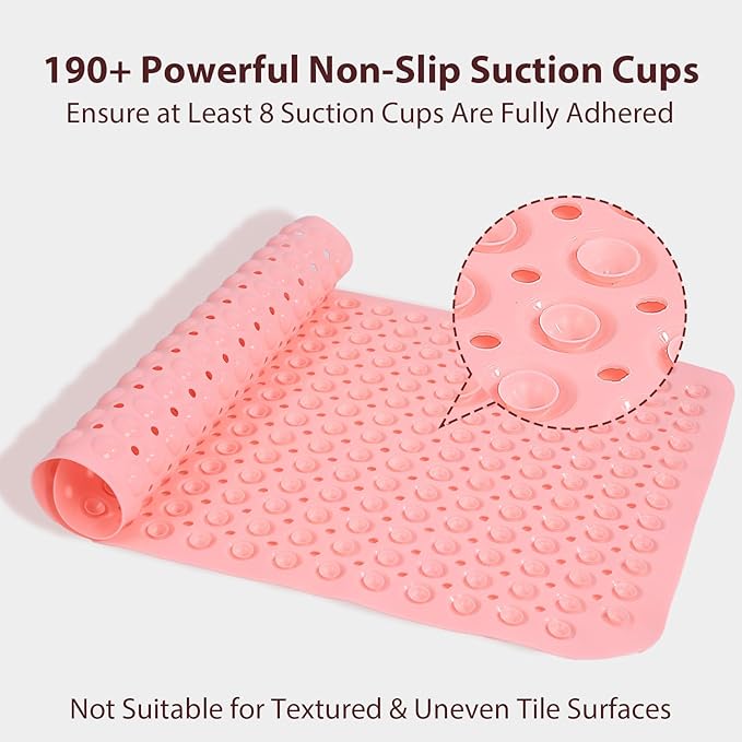 Pink Bathtub Mat Shower Mat Non Slip 17x30 Inch Standard Size, Soft Bubble Bath Tub Mat Shower Mats for Inside Shower Bathroom Floor Mat with Big Suction Cups & Drain Holes, BPA-Free
