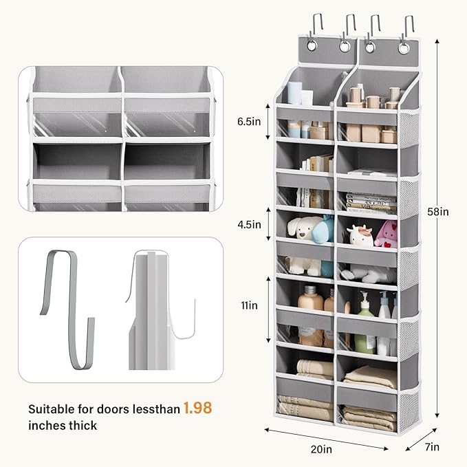Abiglifty 5-Tier Over The Door Organizer with 10 Side Pockets, Large Behind The Door Storage, 4 Hooks Design, Door Organizer with Clear Windows for Bathroom, Bedroom, Nursery, Entryway(Grey)