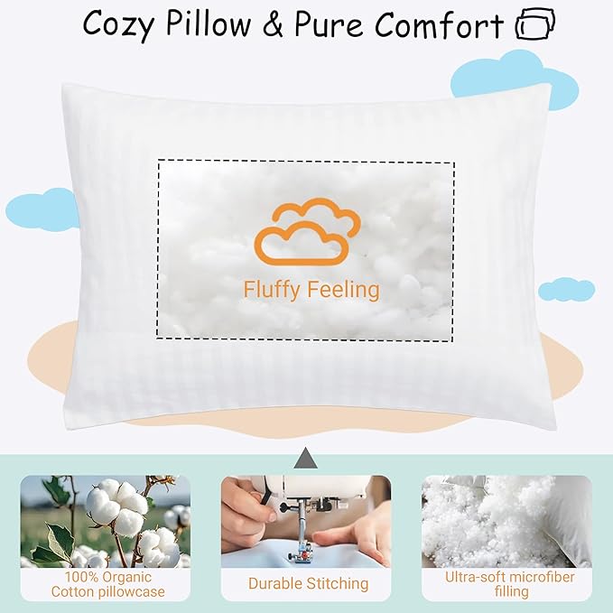ZPECC Toddler Pillow with Pillowcase 2 Pack - 13x18 Organic Cotton Hypoallergenic Kids Pillow, Baby Essentials for Travel Crib Daycare Stroller (Intended for Age 2 and up) White Stripe
