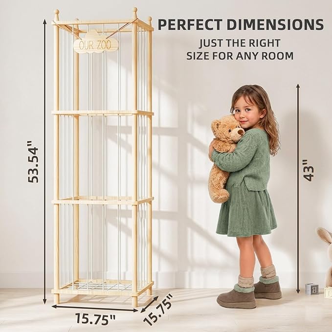 Stuffed Animal Storage Zoo - 54 Inch Large Wooden Toy Organizer | Anti-Tip Design Plushie Storage Rack for Nursery & Playroom | Easy Assembly