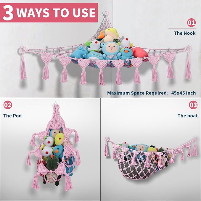Stuffed Animal Hammock Corner - 56'' Jumbo Handcrafted 5mm Double Macrame Cord Stuffed Animal Net - 100% Natural Cotton Toy Hammock Holder - Pink Stuffy Hammock Plushie Net w/LED Star Light