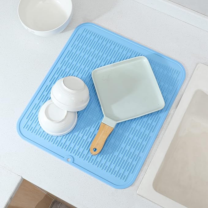 MicoYang Silicone Dish Drying Mat for Multiple Usage,Easy clean,Eco-friendly,Heat-resistant Silicone Mat for Kitchen Counter or Sink,Refrigerator or Drawer Liner Light Blue XL 18 inches x 16 inches