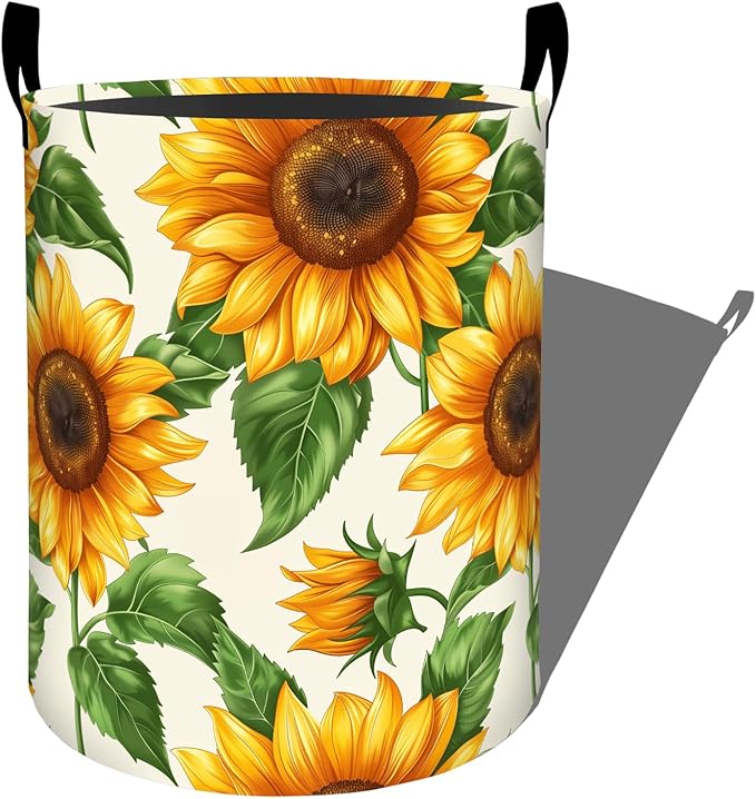 Bright Sunflowers Green Leaves Laundry Basket with Handles, 19.7"x15.7" Clothes Foldable Laundry Hamper Organizer for Dorm Nursery Bedroom Bathroom Decor, Toy Storage Bin for Kids