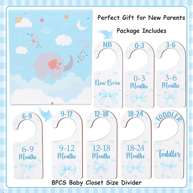 Baby Closet Dividers 8PCS, Blue Bow Themed Wooden Double-Sided Clothes Size Hanger Organizer from Newborn to Toddler for Nursery Decor Baby Shower Birthday Gift