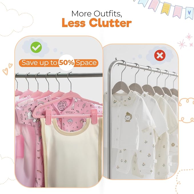 Velvet Baby Hangers with 10x Clips and 8X Dividers (30 Pack) | 11” Ultra-Slim Baby Clothes Hangers | Non-Slip Felt | Space-Saving Nursery & Infant Closet Organizer | Pink