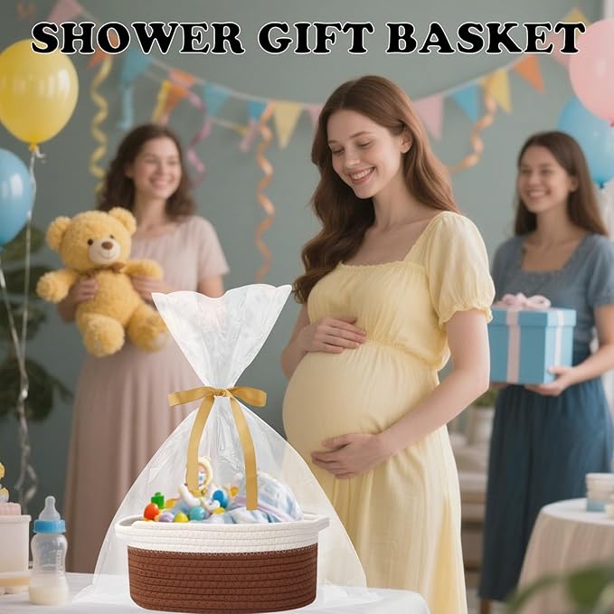 Small Woven Rope Basket-Empty Gifts Basket with Bag and Ribbons,Cute Handle Organizer Box for Birthday/Baby Shower, Toy Storage, Nursery Organizing & Shelf Decor(White&Brown)