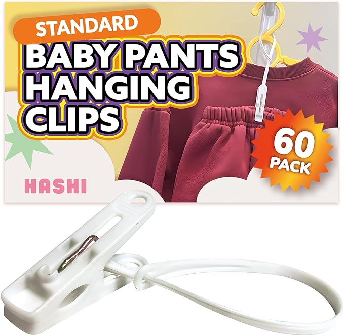 HASHI Baby Clothes & Pants Clips, Non-Slip Hanger Clips with Strong Grip, Space-Saving Organizer for Baby & Toddler Laundry, Closet, Socks, Stroller, Travel & Drying Rack (60, Standard)