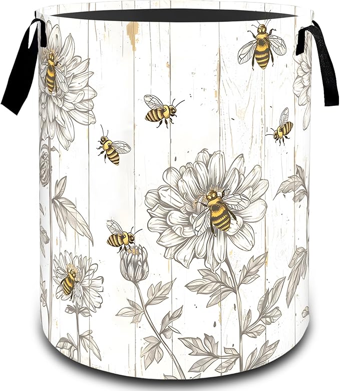 VODRM Bee Floral with Wood Laundry Basket, Dirty Collapsible Clothes Toy Organizer Hamper for Kids Adults, Oxford Cloth Waterproof Storage Bin for Bedroom Bathroom Rustic Decor Gifts, 19.7"X15.7"